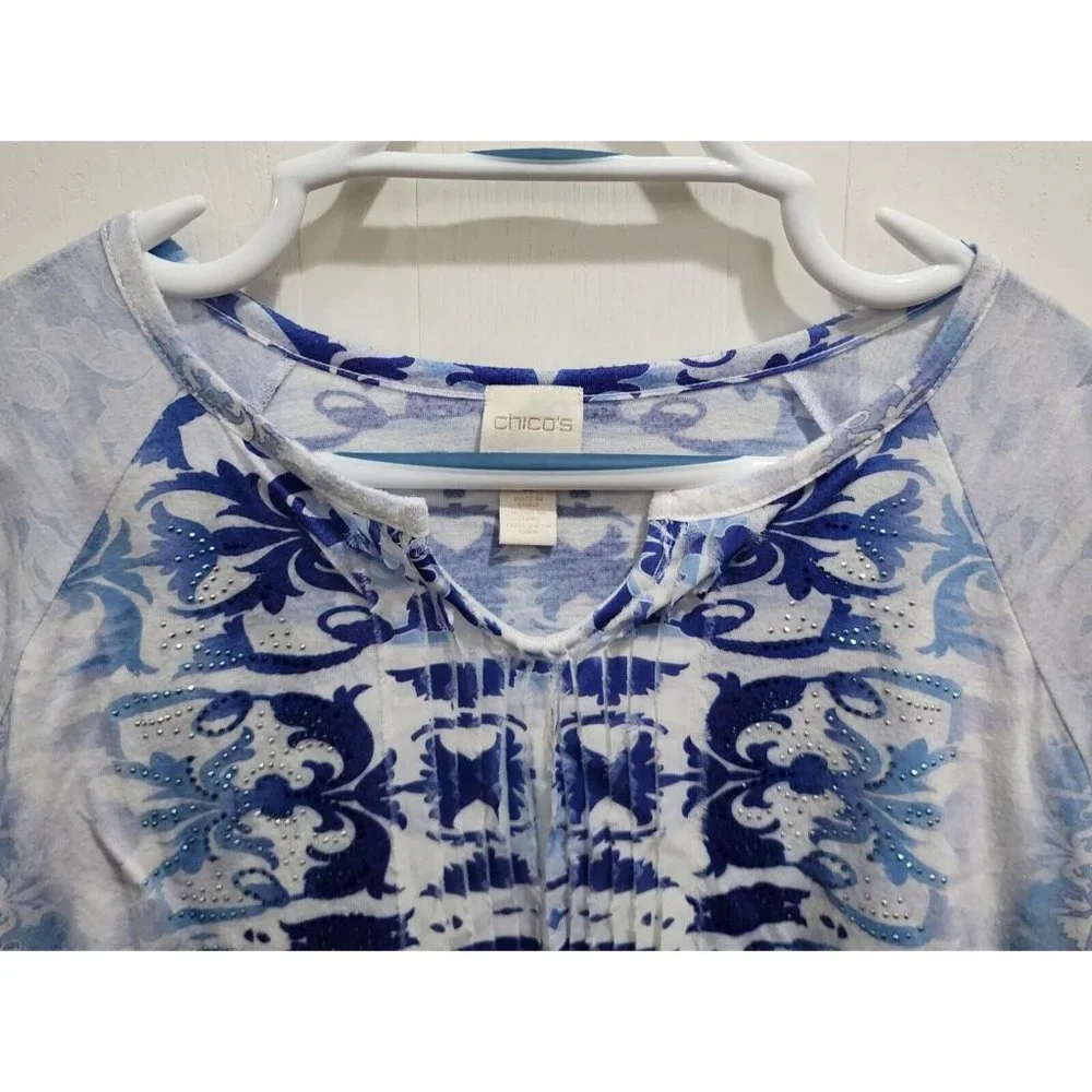 Chico's Women's 3/4 Sleeve’s‎ Embellished Tie Front Blouse Top Blue Size 2 (L)